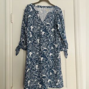 LILLY PULITZER Cath Dress Aegean Navy Beach Path Tunic Dress Tie cuffs Small EUC
